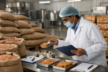 Modern Food Centre warehouse with stacked sacks